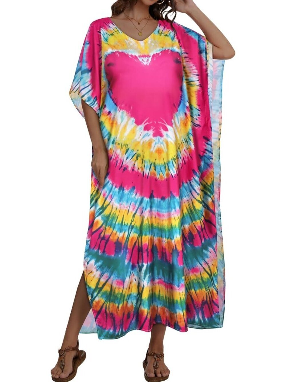 Women's Big Pink Heart Plus Size V Neck Caftan Long Batwing Sleeve Cover Up - Picture 2 of 6